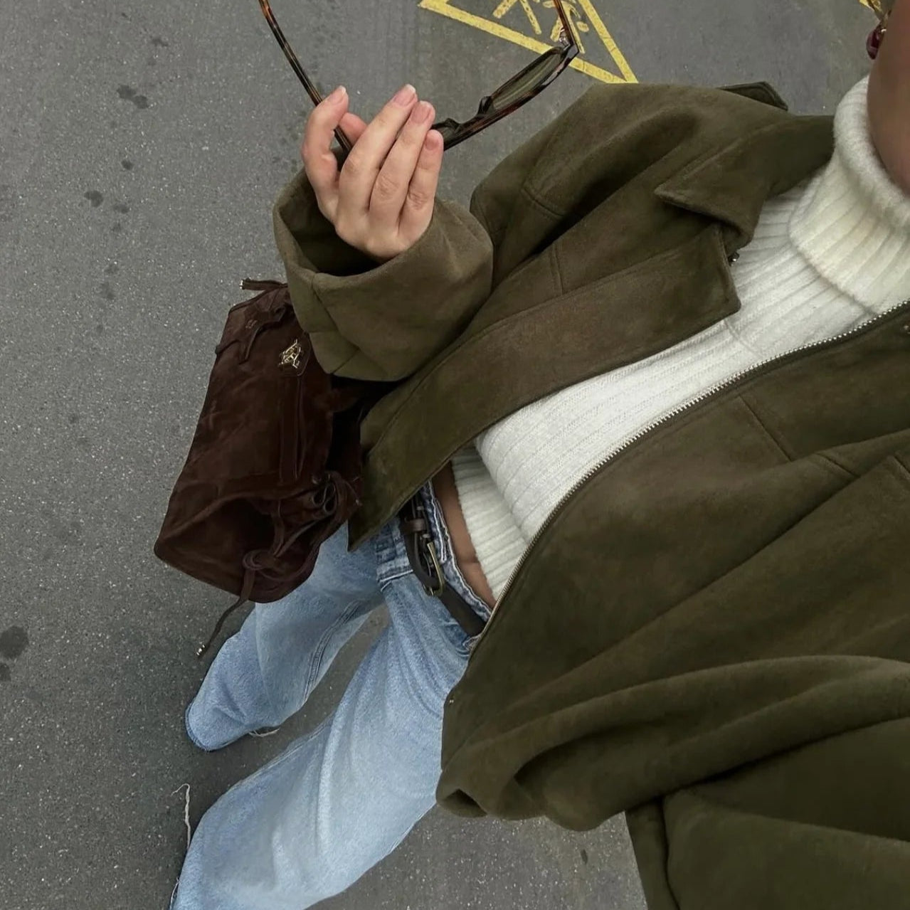 Πολυτελές Χακί Υπερμεγέθες Σουέτ Μπουφάν