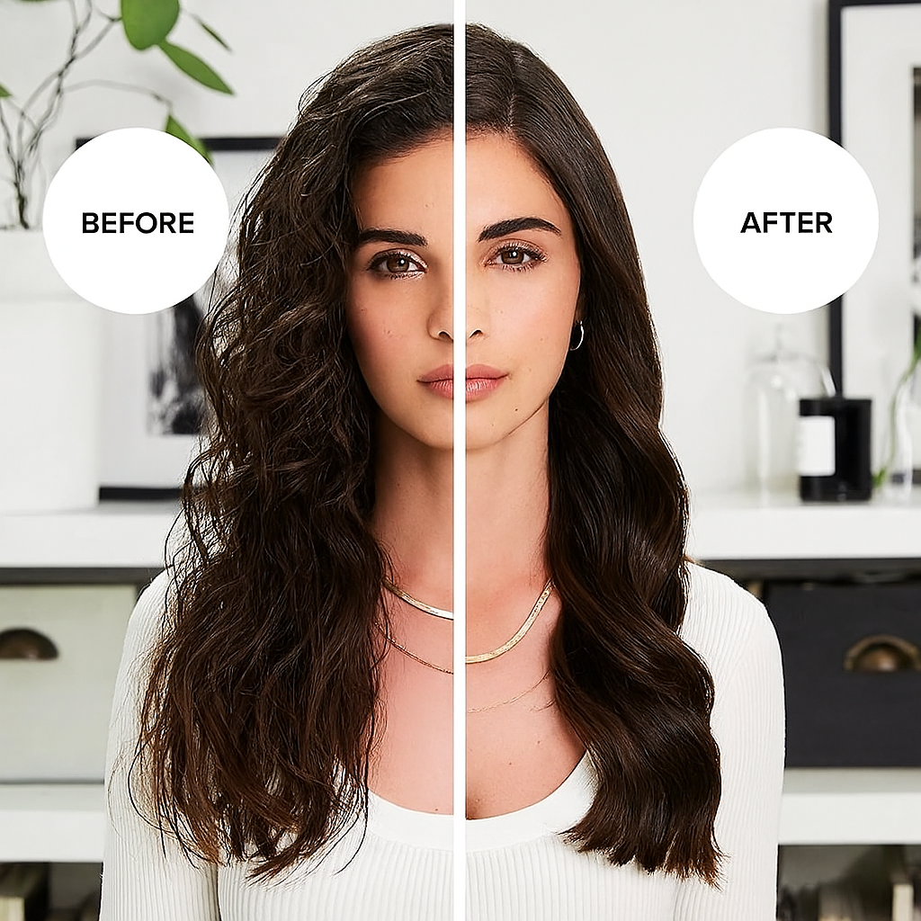 Portable smoothing brush – Tame your unruly strands. In seconds.