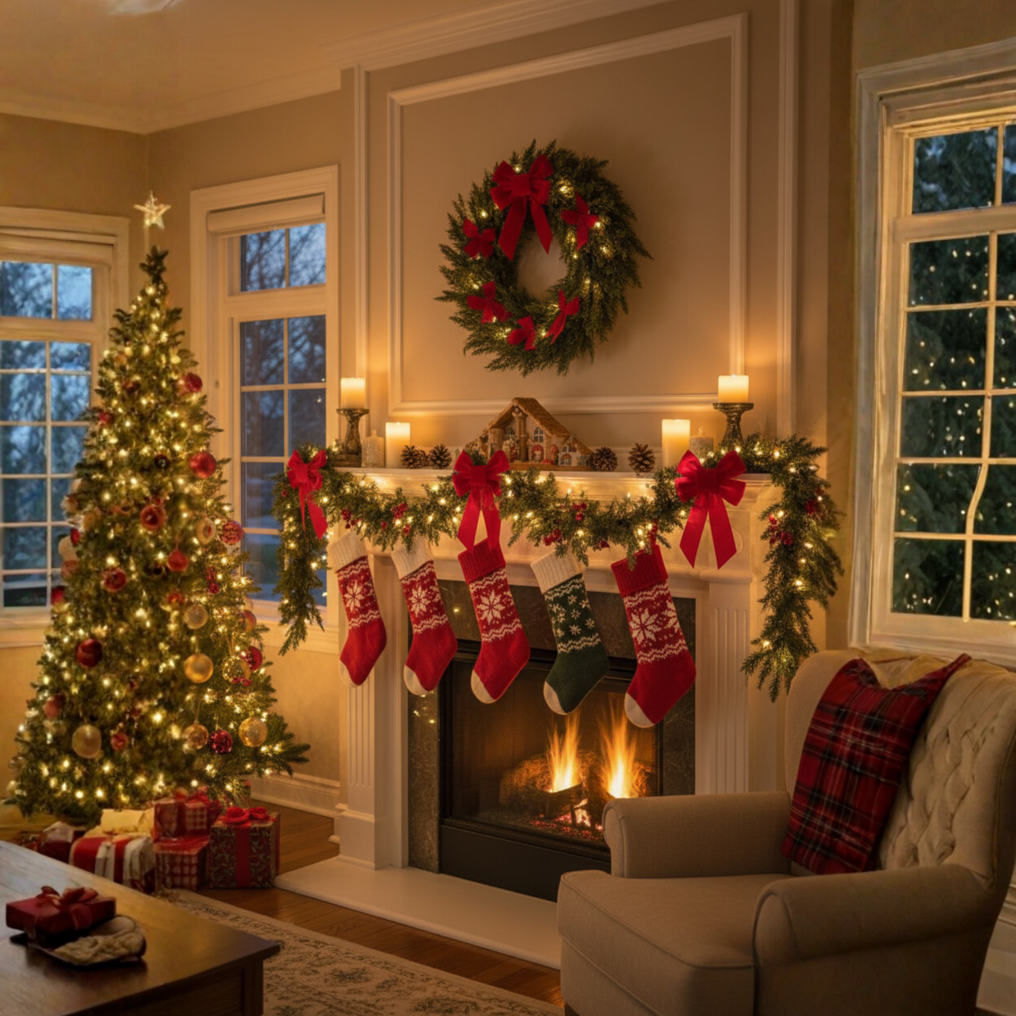 Two Piece Artificial Cedar Garland Set with Hand Tied Hanging Loops, Six Feet Long Each for Stairs and Mantels