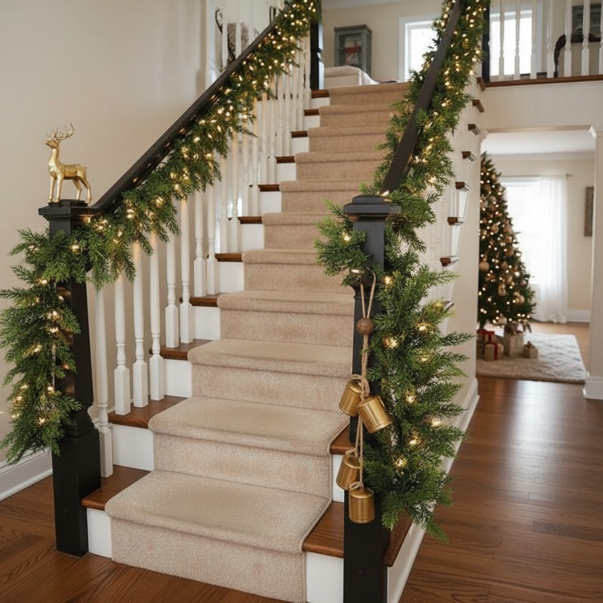Two Piece Artificial Cedar Garland Set with Hand Tied Hanging Loops, Six Feet Long Each for Stairs and Mantels